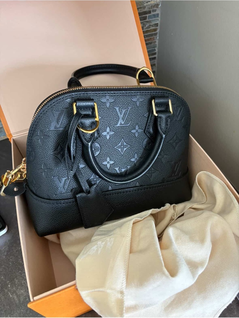 Louis Vuitton Black Monogram Alma Satchel with Gold Hardware